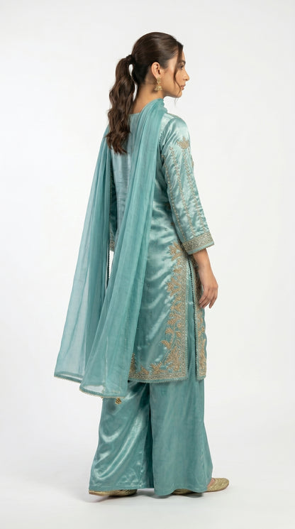 Teal Blue Zari Embroidered Silk Palazzo Suit stiched