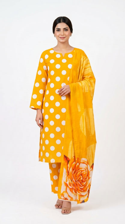 Orange Polka Dot Suit with Rose Printed Dupatta  unstitched