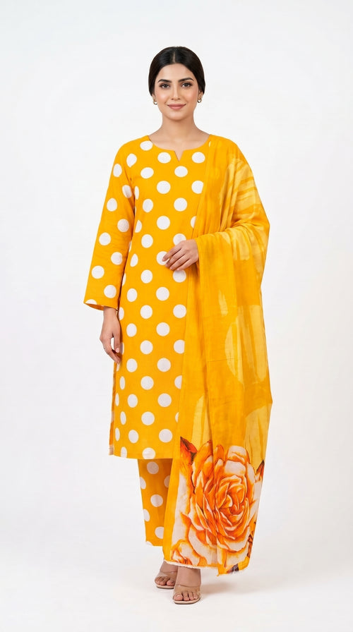 Orange Polka Dot Suit with Rose Printed Dupatta  unstitched
